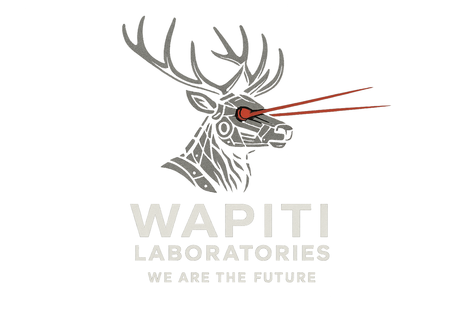Stylized robotic deer head with red laser beams from its eyes. Below, the text reads “WAPITI LABORATORIES” and “WE ARE THE FUTURE”—a bold nod to students and tech dreams at Estes Park Middle School.